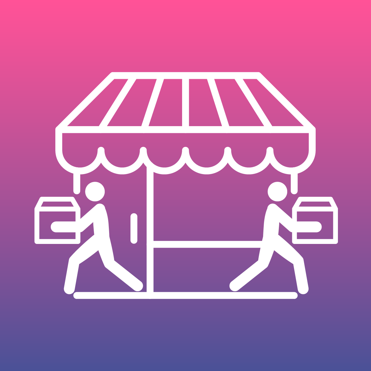 Icon representing pickup in-store service (and delivery), featuring a store front with a tent overhead and two people carrying boxes.