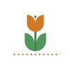 Simple illustration of a tulip with green leaves and an orange flower with frass top dressed underneath on a white background.