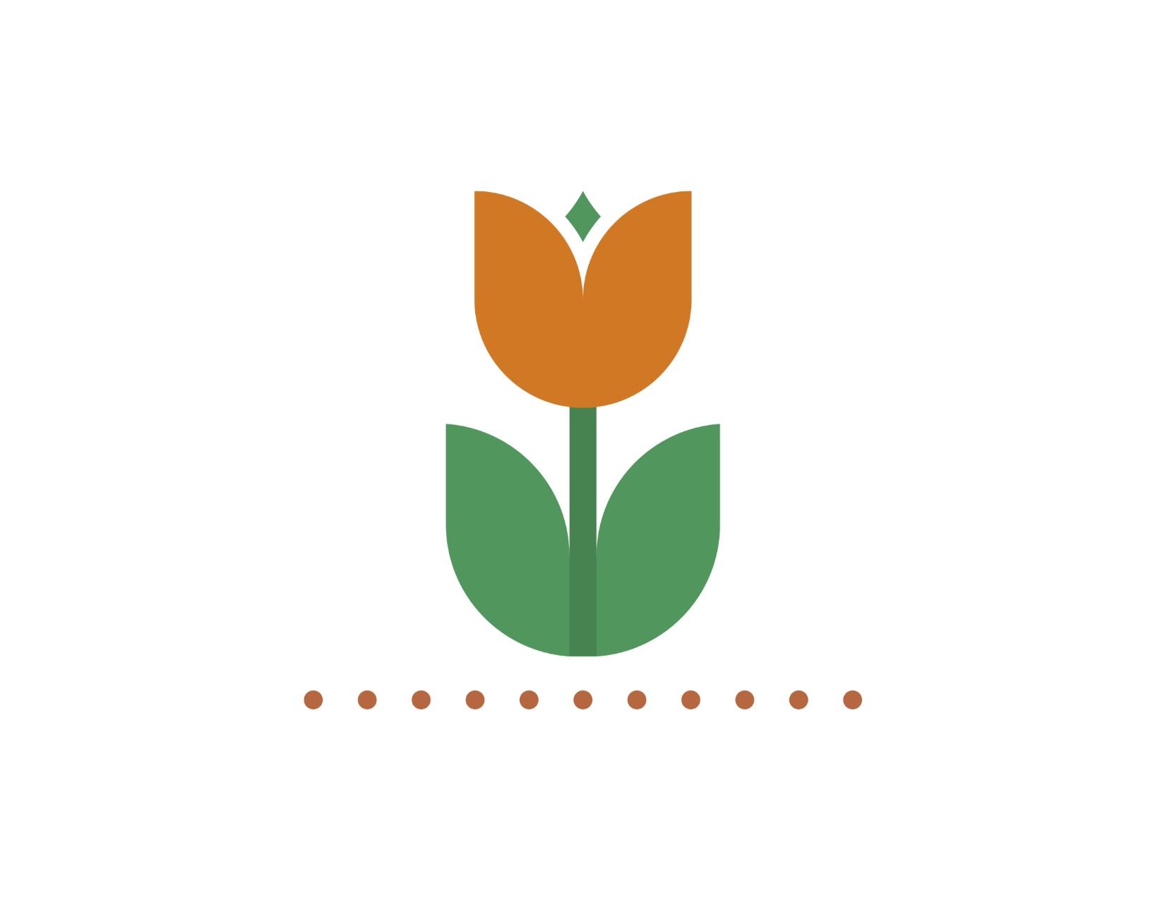 Simple illustration of a tulip with green leaves and an orange flower with frass top dressed underneath on a white background.